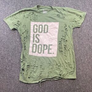 God Is Dope TShirt Sz M Mens Green Streetwear Grunge Heavily Distressed Graphic